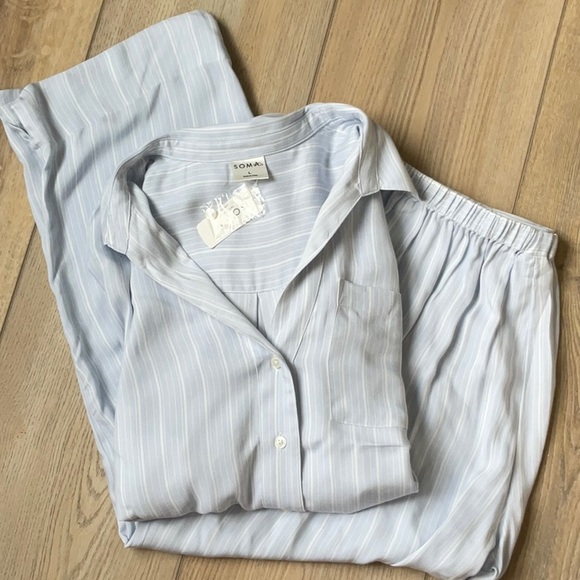 NWT Soma 100% Rayon Challis Blue and White Stripe Pajama Set - Picture 5 of 16